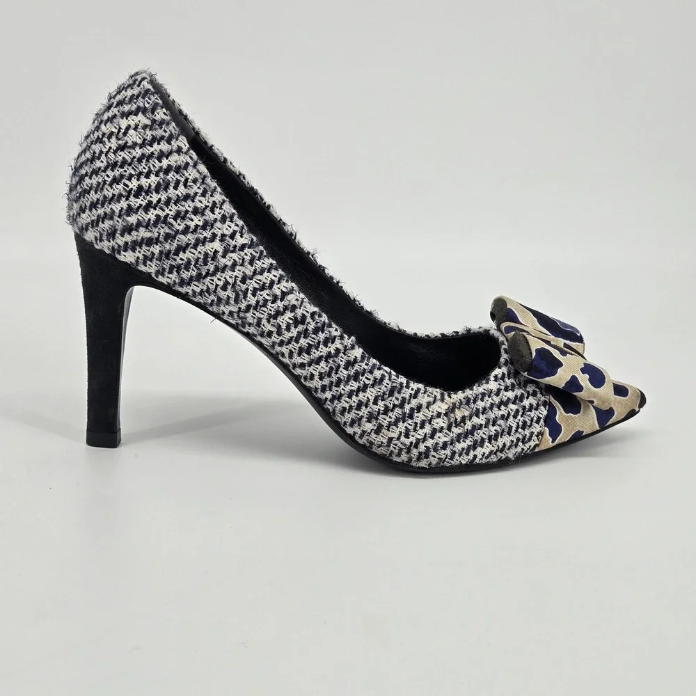 Tory Burch Cleo Tweed Leopard Silk Bow Pointed Toe Stiletto Pumps Heels 7M 3.5